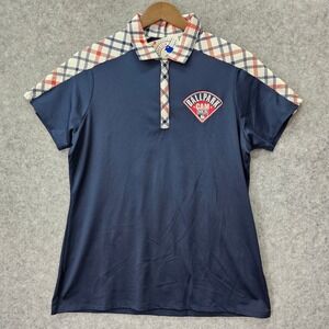 Antigua Zip Polo Shirt Womens M Blue Performance Stretch Plaid MLB Ballpark Cam